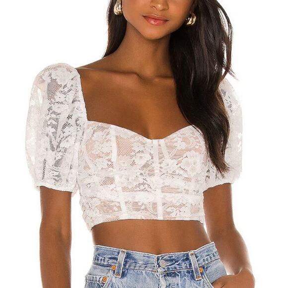 For Love & Lemons Rosalie White Lace Puff Sleeve Crop Top Size M - Picture 1 of 6
